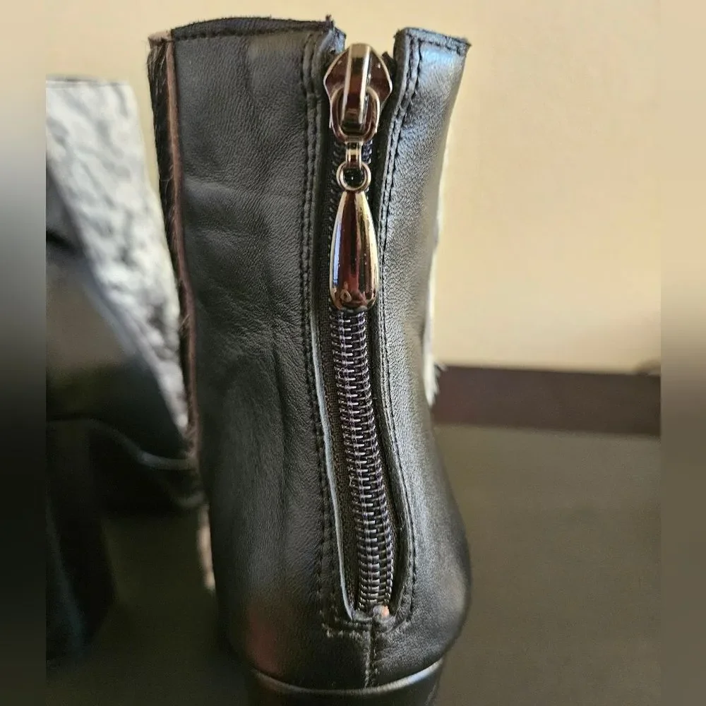 Alcala's Calf Hair Black Leather Platform Cow Zip-up Booties Size 9